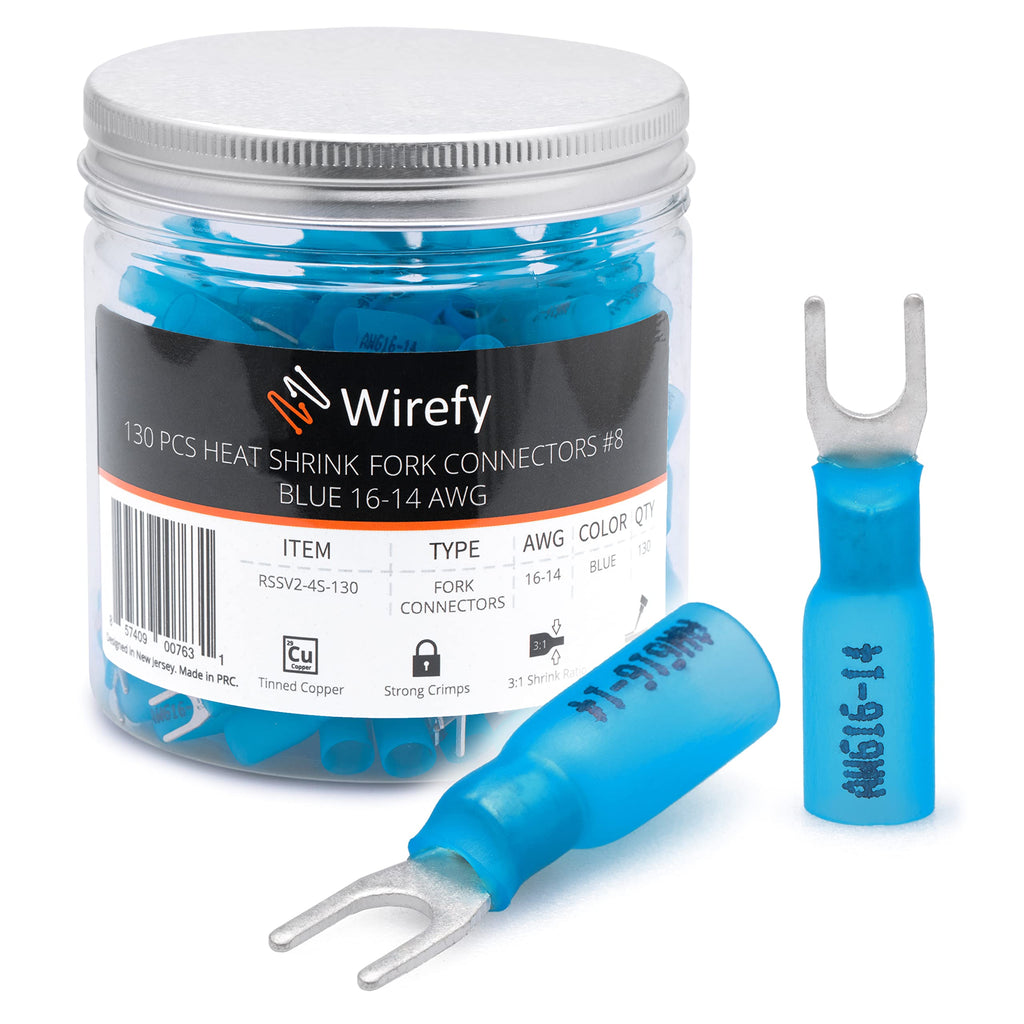 [Australia - AusPower] - Wirefy 130 PCS Heat Shrink Fork Connectors #8 - Marine Grade Fork Terminals - Spade Fork Wire Connectors - Blue 16-14 Gauge Fork #8 