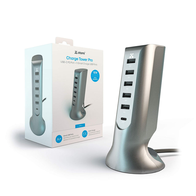 [Australia - AusPower] - Atomi Charge Tower - 40W 6 Port Desktop Charging Station, 18W PD Port, 5 USB Ports with Ai Rapid-Charge Technology - Silver 