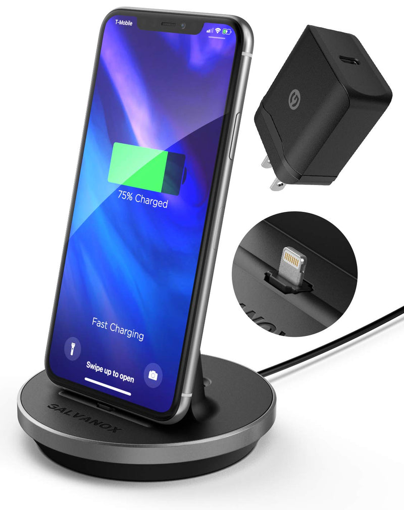[Australia - AusPower] - GALVANOX iPhone Charger Stand (MFi Certified) Fast Charging Lightning Desktop Holder Dock with Built-in USB C Cable and USB-C 20W Power Adapter for Apple iPhone 8/8 Plus/X/Xs Max/XR/11/12/13 Pro Max 