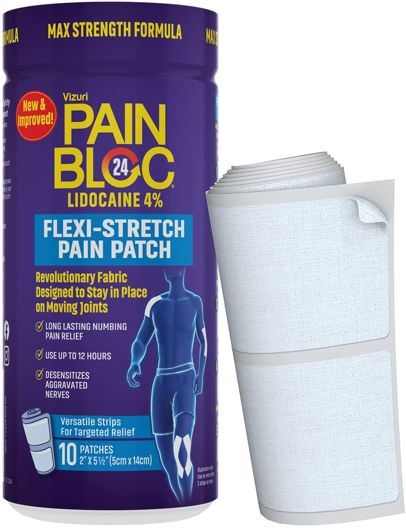 [Australia - AusPower] - PainBloc24 Flexi-Stretch Adhesive Pain Patch — Topical Patches with Lidocaine 4% — Maximum Strength Relief for Back, Knee, Muscles — 10 Strips (1-Pack) 