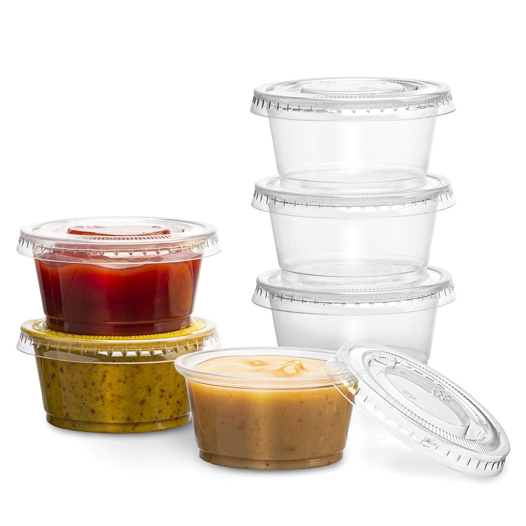 [Australia - AusPower] - PlastiMade Clear Disposable Plastic Portion Cups with Lids (200 Sets - 2 Oz) - Disposable Condiment Cups, Sauce/Dip/Dressing Cups, Souffle Cups & Jello Shot Cups with Lids | Great Sampling Container 