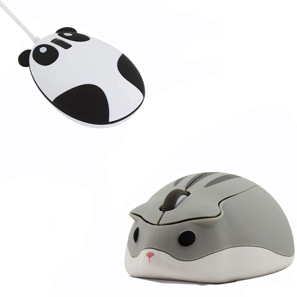 [Australia - AusPower] - CHUYI 1 Pack Cute Hamster Shaped Wireless Optical Mouse Grey Color and 1 Pack Panda Shape Wired Mouse for Computer Laptop 