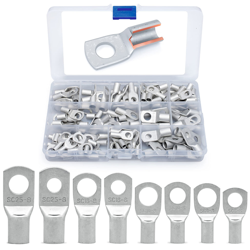 [Australia - AusPower] - Wirefy 120 PCS Tinned Copper Wire Lugs Kit - Battery Lugs - Crimp Battery Cable Ends - Ring Terminals - 10-4 Gauge 120 PCS Kit - 10-4 AWG 