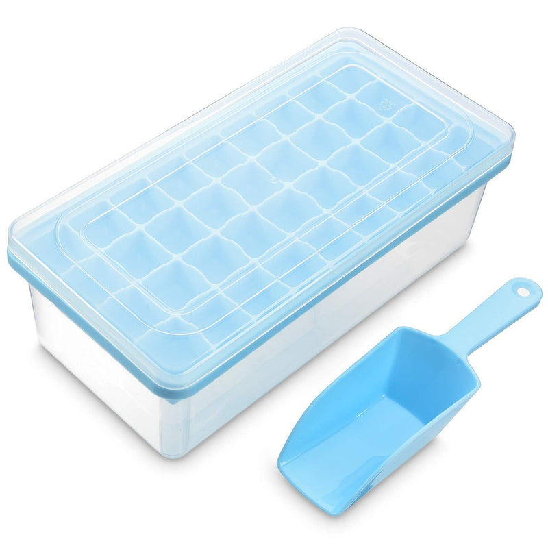 [Australia - AusPower] - Ice Cube Tray With Lid and Bin - Large Silicone Ice Tray For Freezer | Comes with Ice Container, Scoop and Cover| BPA Free| Space Saving Ice Cube Molds | Perfect for Cocktails, Waterbottles or Whisky! 36- Medium Ice Cubes Blue 