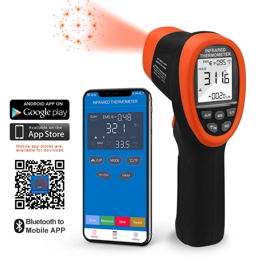[Australia - AusPower] - Infrared Thermometer with Bluetooth AP-985C-APP Range from --58℉~1472℉(-50℃～800℃),16:1Laser Temperature Measure Gun, Data Record, Adjustable Emissivity for Forge Cooking Bluetooth Infrared Thermometer 
