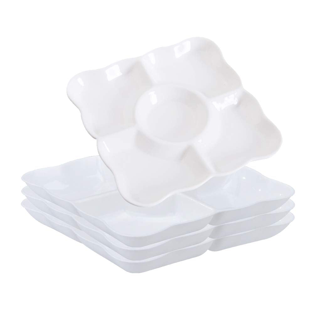 [Australia - AusPower] - 4 Pcs White Plastic Divided Appetizer Serving Tray 5-Section Candy Snack Salad Desserts Dried Fruit Nuts Plate for Thanksgiving Wedding Home Office Party 