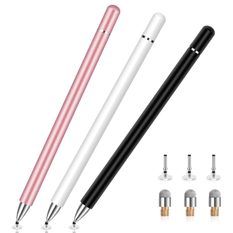 [Australia - AusPower] - Stylus Pens for Touch Screens (3 Pack), LezGo 2 in 1 Magnetic Universal Disc Fiber Thin Long Touchscreen Stylus Pencil for Apple iPhone Ipad Pro Mini Air Android Surface All Capacitive white black rose gold 
