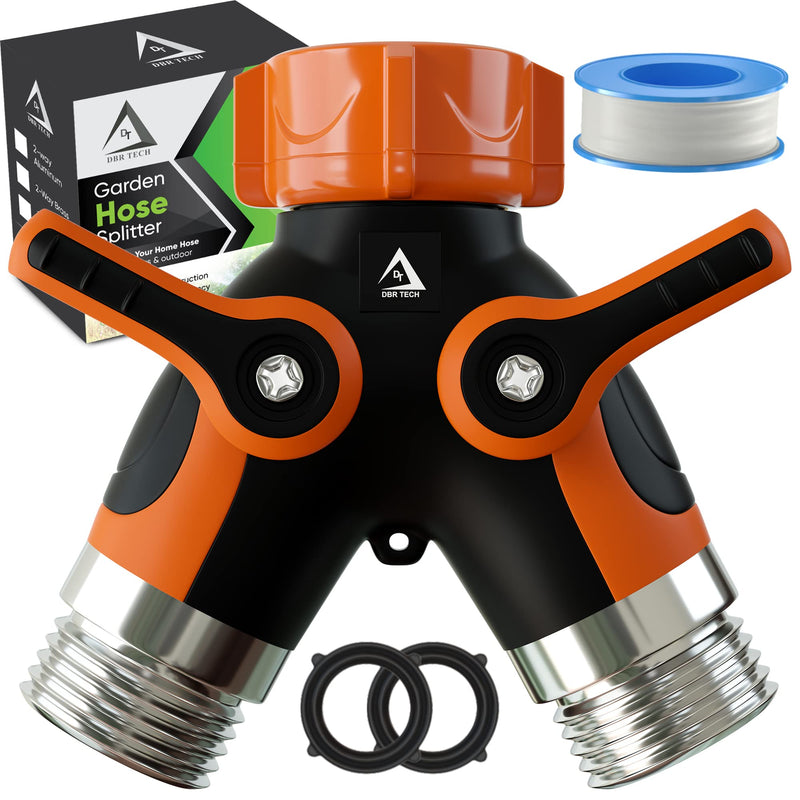 [Australia - AusPower] - Hose Splitter 2 Way, Heavy Duty Metal Connector, Two Way Garden Hose Splitter, High Flow Spigot Faucet Bib Adapter, Lead Free Solid Double Y Shut Off Valve for Outdoor Gardening Hoses, Orange 