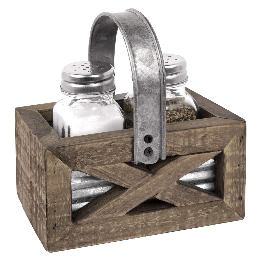 [Australia - AusPower] - Autumn Alley Barn Door Rustic Salt and Pepper Shakers Set in Wood and Galvanized Caddy | Farmhouse Salt and Pepper Shakers For Rustic Kitchen Decor | Rustic Kitchen Accessory for your Country Kitchen 
