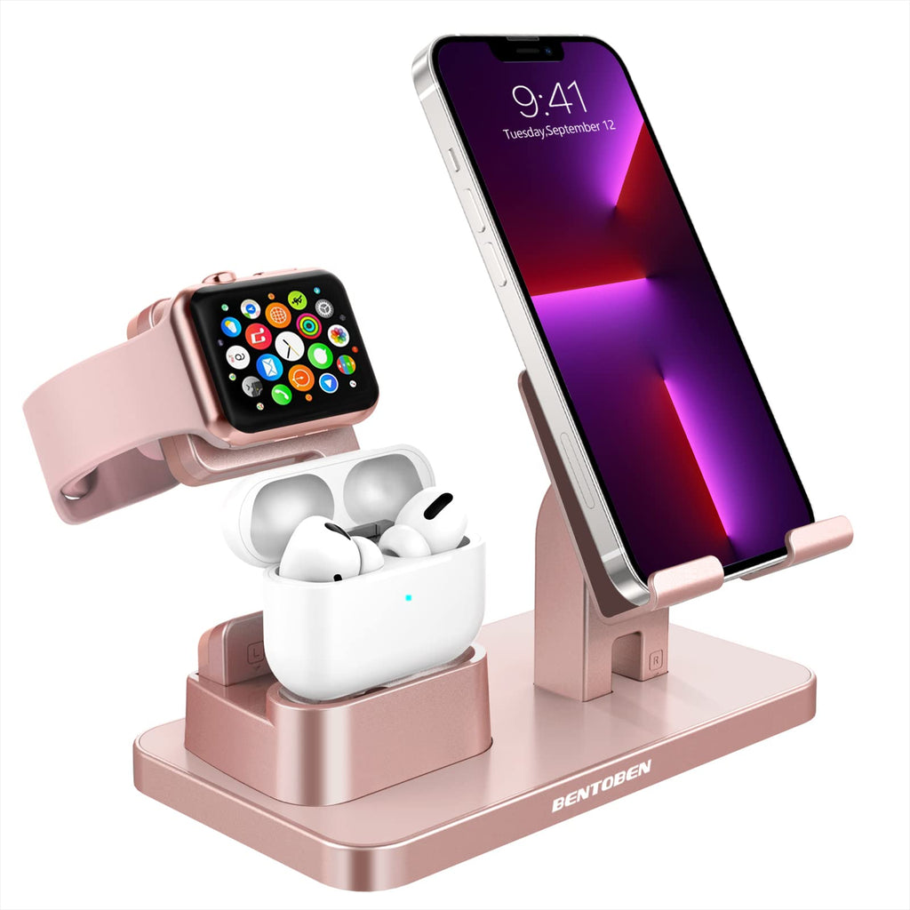 [Australia - AusPower] - BENTOBEN 3-in-1 Charging Stand, Universal Charging Dock Station Compatible for Airpods Pro 2/1 Apple Watch Series 6/5/4/3/2 iPhone 13 12 11 SE2 XSMax XR 8 7 6S Plus Android Smartphone iPad, Rose Gold S022-Rose Gold 