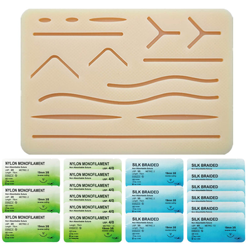 [Australia - AusPower] - Ultrassist Suture Refill Kit for Medical and Vet Students, Large Silicone Stitch Pad with Pre-Cut Wounds & Various Suture Threads and Needles, Ideal Practice Suture Training Kit (Education Use Only) 19 pieces 