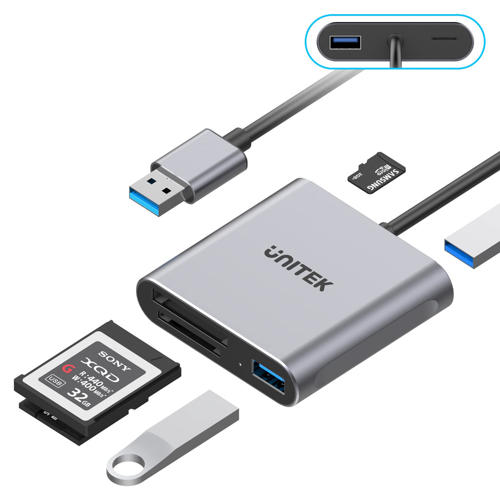 [Australia - AusPower] - XQD Card Reader, Unitek USB 3.2 Gen1x1 XQD/SD/TF Memory Card Reader Adapter with USB3.0x2 Fast Speed Up to 5Gbps, Compatible with Sony G&M Series XQD and TF/SD/SDHC Cards, for Windows, Mac, Linux XQD+SD+TF+USB 3.0 