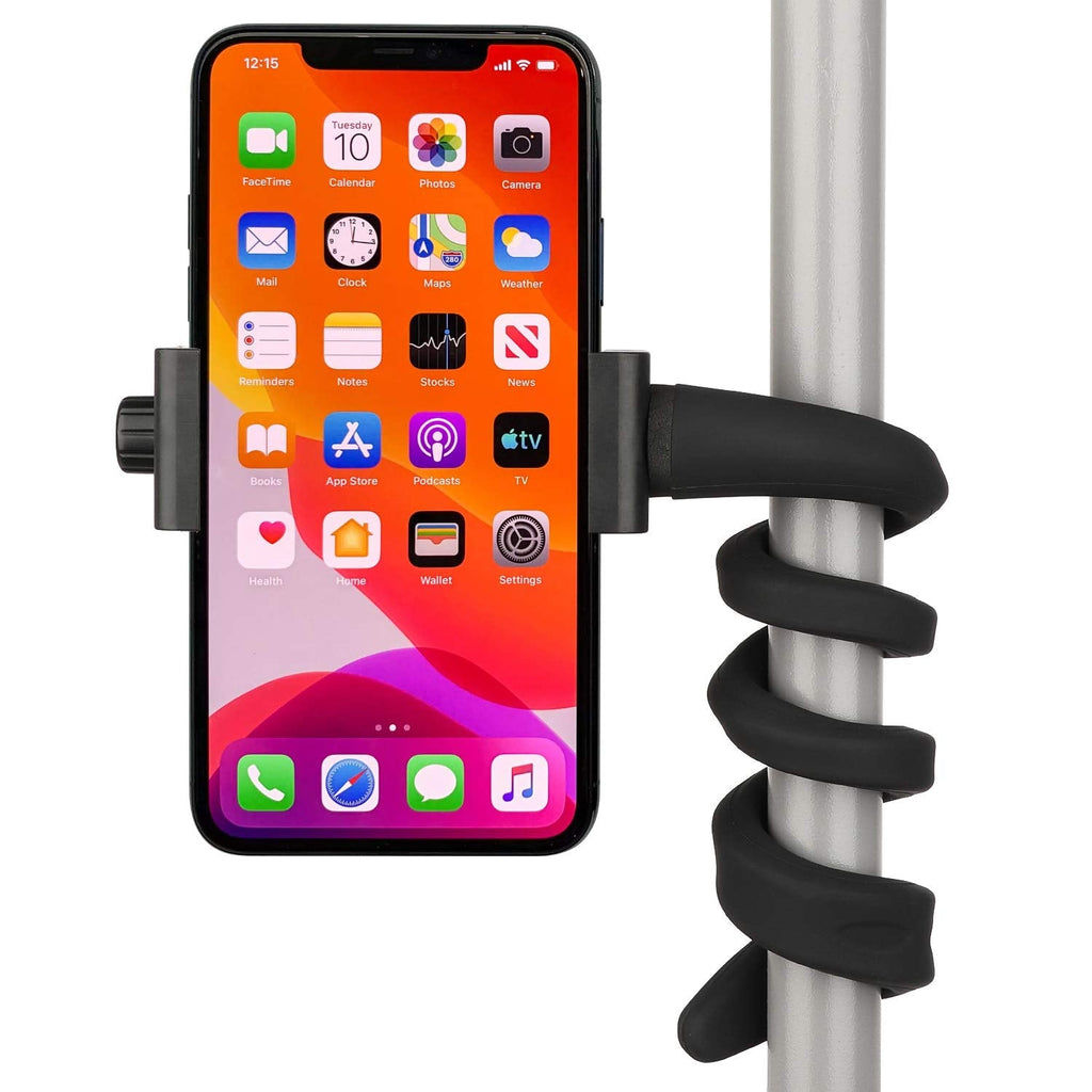 [Australia - AusPower] - iTODOS Portable Flexible Cell Phone Holder Stand for Treadmill, Spin Bike, Bed, Car, Kitchen, Desk, Grocery Shopping Cart,Compatible with iPhone, Android, GoPro, DSLR, Action Camera(Black) 
