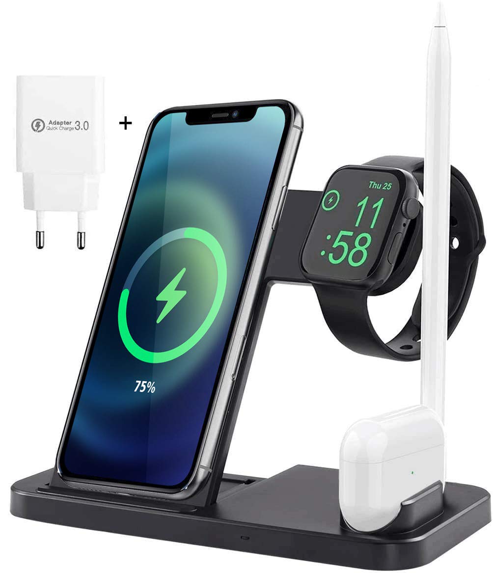 [Australia - AusPower] - AICase 4 in 1 Wireless Charger, iWatch & A irPods & Pencil Charging Dock Station, Nightstand Mode for iWatch Series 5/4/3/2/1, Fast Charging for Phone 11/11 Pro Max/XR/XS Max/Xs/X/8 Plus/8 (Black) 