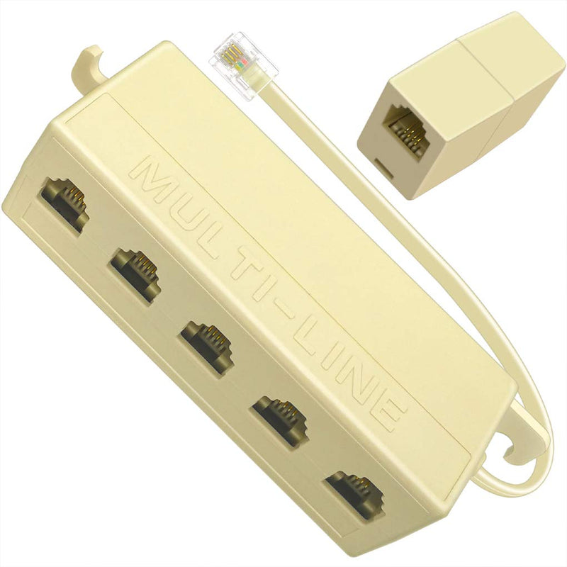 [Australia - AusPower] - NECABLES (1+1Pack) Phone Jack Splitter 5 Way RJ11 6P4C 1 Male to 5 Females with 5in Pigtail and Telephone Line Coupler for Landline and Fax Ivory 