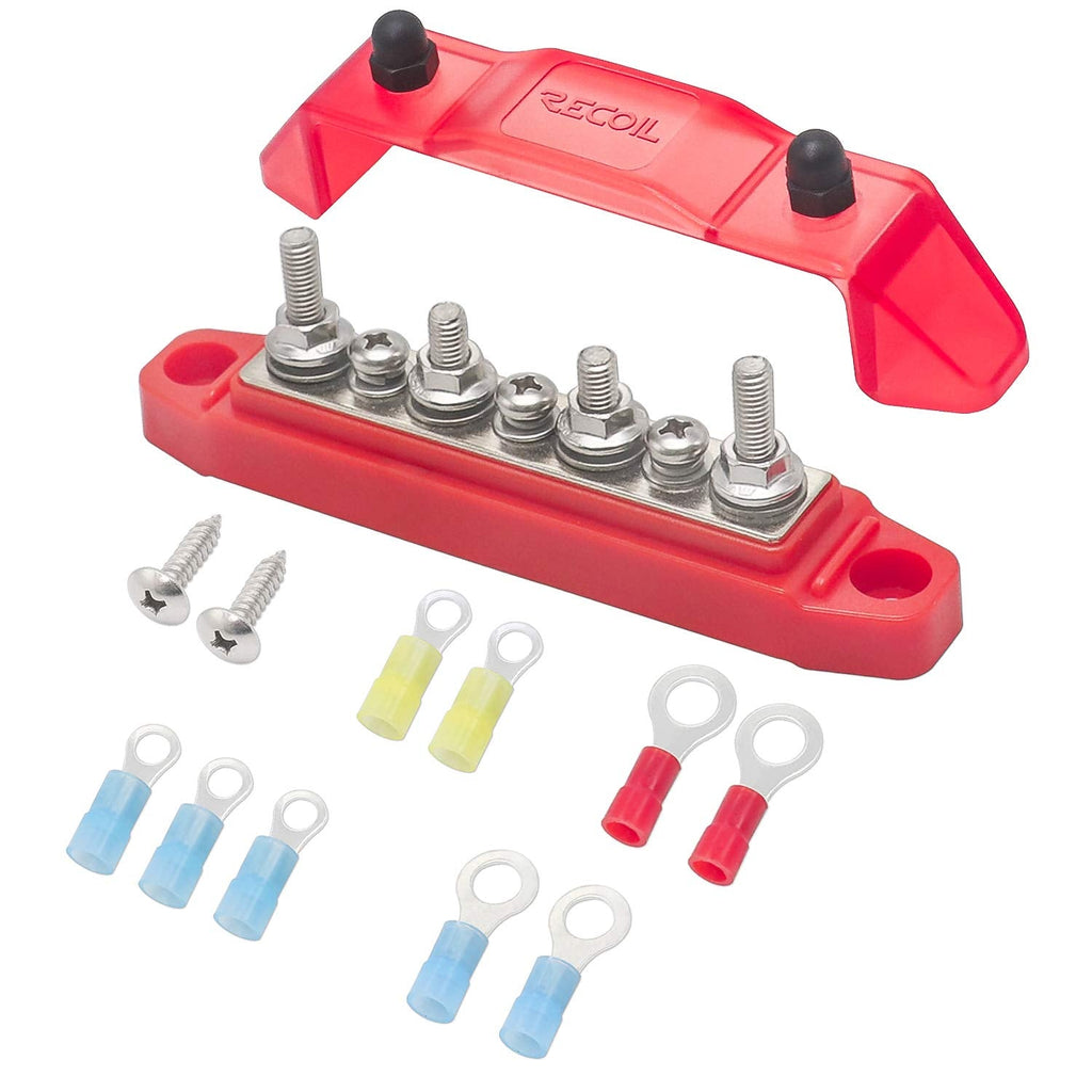 [Australia - AusPower] - Recoil Bus Bar 4 x M5 Studs 3 Screw Terminals Power Distribution Block with Ring Terminals(Red) Red 