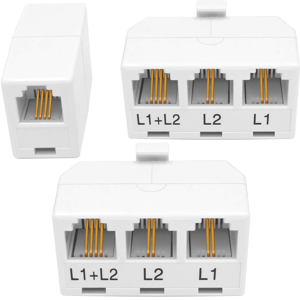 [Australia - AusPower] - NECABLES (2+1Pack) 2pcs Phone Jack Splitter 2 Line Adapter 1 Male to 3 Females (L1, L2, L1+L2) and 1pc Telephone Line Coupler White 