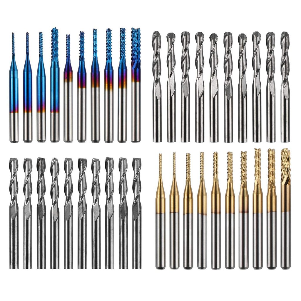 [Australia - AusPower] - Genmitsu 40pcs End Mills CNC Router Bits, 1/8" Shank CNC Cutter Milling Carving Bit Set Including 2-Flute Flat Nose & Ball Nose End Mill, Nano Blue Coat & Titanium Coat CNC Bits, MC40A 