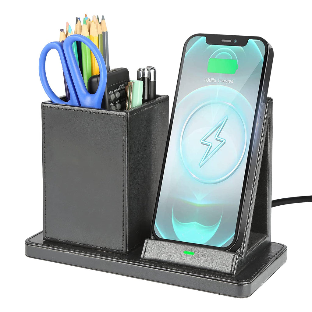 [Australia - AusPower] - GORESE Wireless Charging Pen Holder, Fast Wireless Charging Desk Organizer for iPhone 12/11/11 Pro/XS MAX/XR/XS/8 Plus and Galaxy S20/S20+/S10, QI Certified Wireless Charging Stand(Gray) 2 in 1 Gray 
