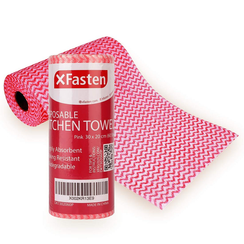 [Australia - AusPower] - XFasten Disposable Kitchen Towels, 11.8 inches x 7.87 inches, Pink (60 Sheets) Washable and Reusable Cleaning Cloths | Lint and Streak Free Reusable Paper Towels 