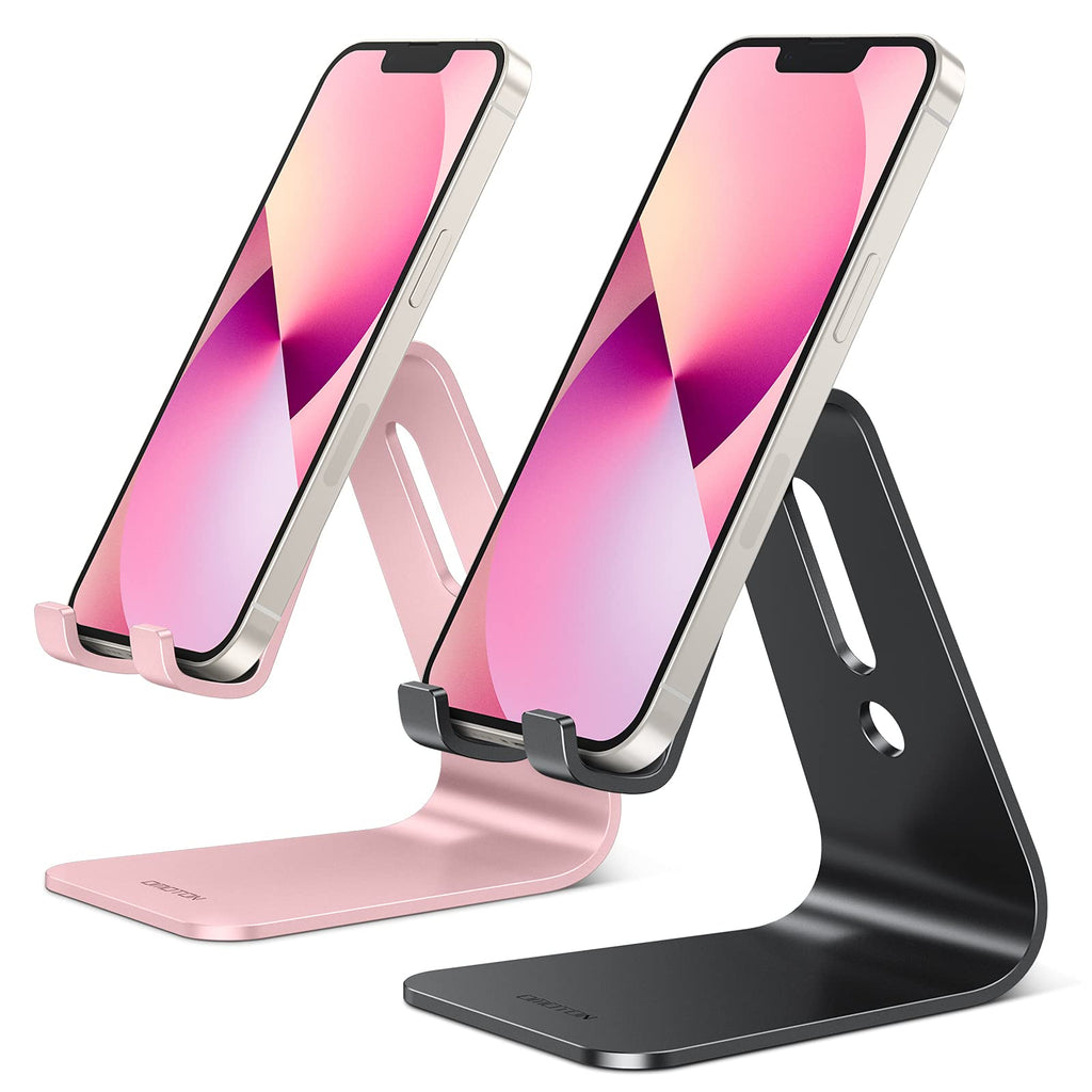 [Australia - AusPower] - [2 Pack] OMOTON Cell Phone Stand, Upgraded Aluminum Cell Phone Holder Phone Cradle with Protective Pads for iPhone 13 12 11 Pro Max, XR XS 8 Plus SE , iPad Mini and Android Phones(Rose Gold + Black) Rose Gold + Black 