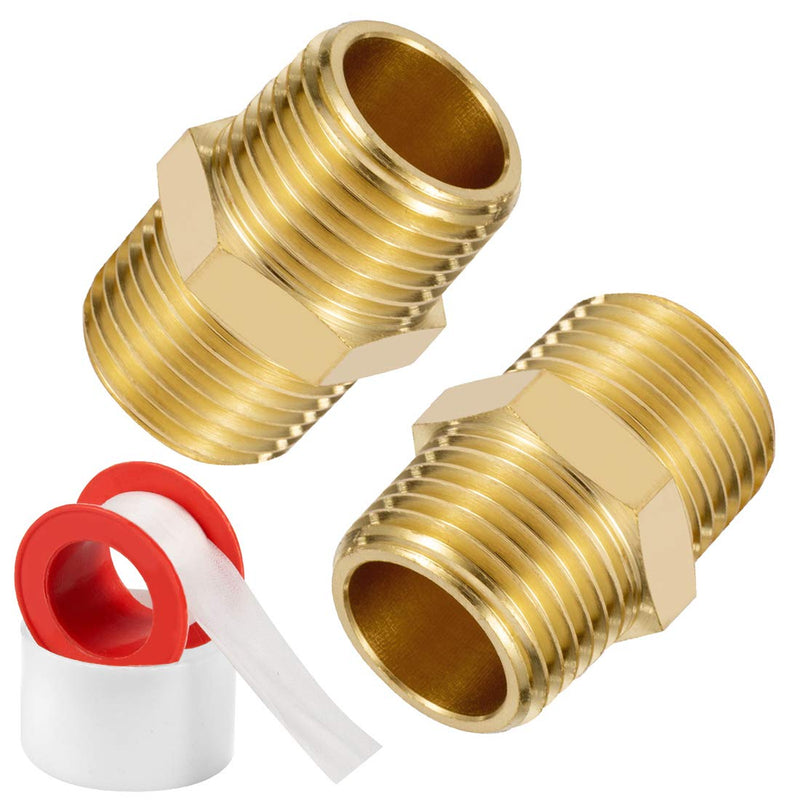[Australia - AusPower] - 1/2" X 1/2" NPT Brass Nipple Pipe Fittings Equal Adapter Union Male Threaded Hex Straight Connector Couplings Hose Extender, Pack of 2 1/2 inch X 1/2 inch 