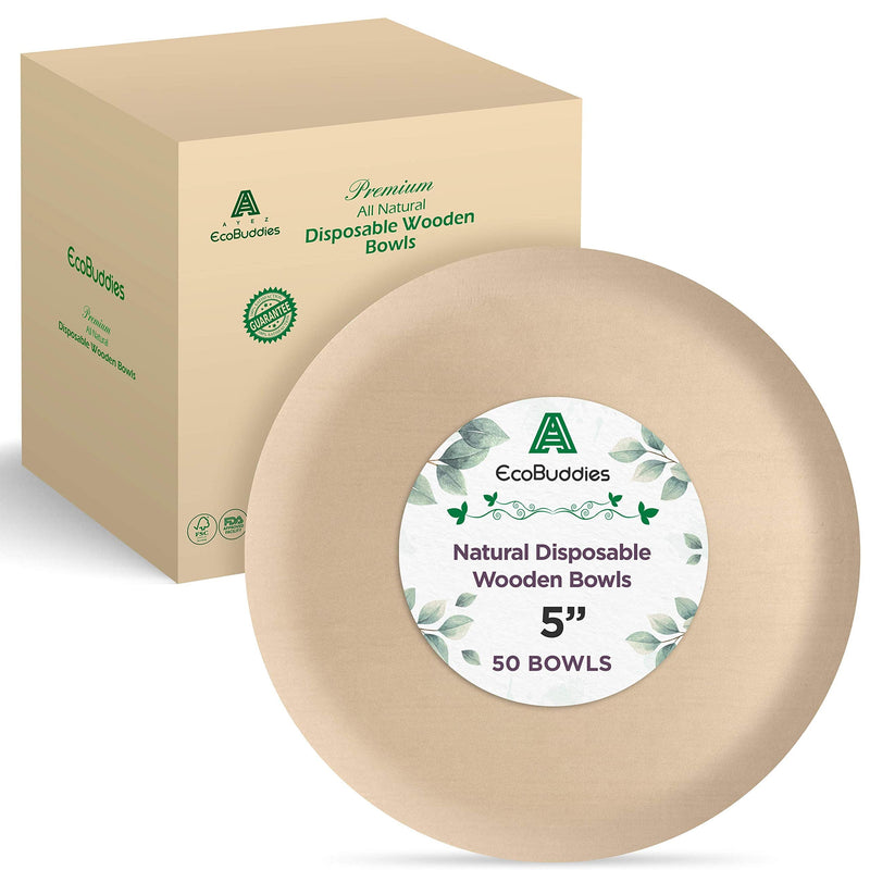 [Australia - AusPower] - EcoBuddies Wooden Bowls Disposable Round 5 Inch- 50 pcs | Eco-Friendly, Biodegradable, Compostable Bowls | Heavy-Duty Alternative to Bamboo Bowls for Wedding, Catering, Camping & Parties 