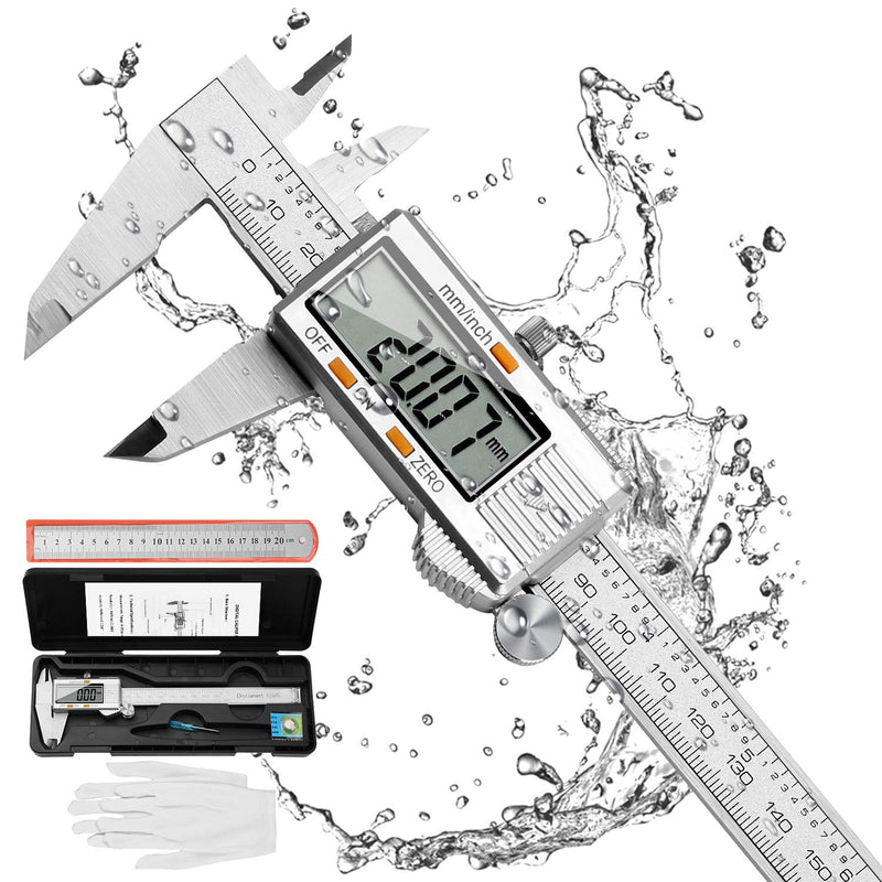 [Australia - AusPower] - RAGU Digital Caliper Stainless Steel 6 inch, Electronic Vernier Caliper Measuring Tool with Large LCD Display Gauge, Inch/Metric Conversion, 20 cm Steel Ruler and Glove for Household Measuring Tool 