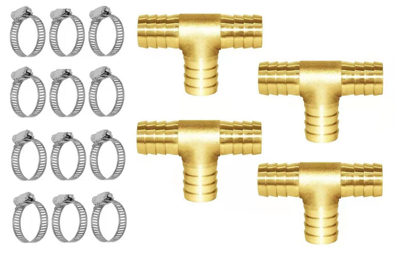 [Australia - AusPower] - YOUHO 3/4 Brass Hose Barb Tee, 3-Way Tee Hose Fitting (3/4" tee hose connector 4 PACKS)(12pcs Included Hose clamp) 