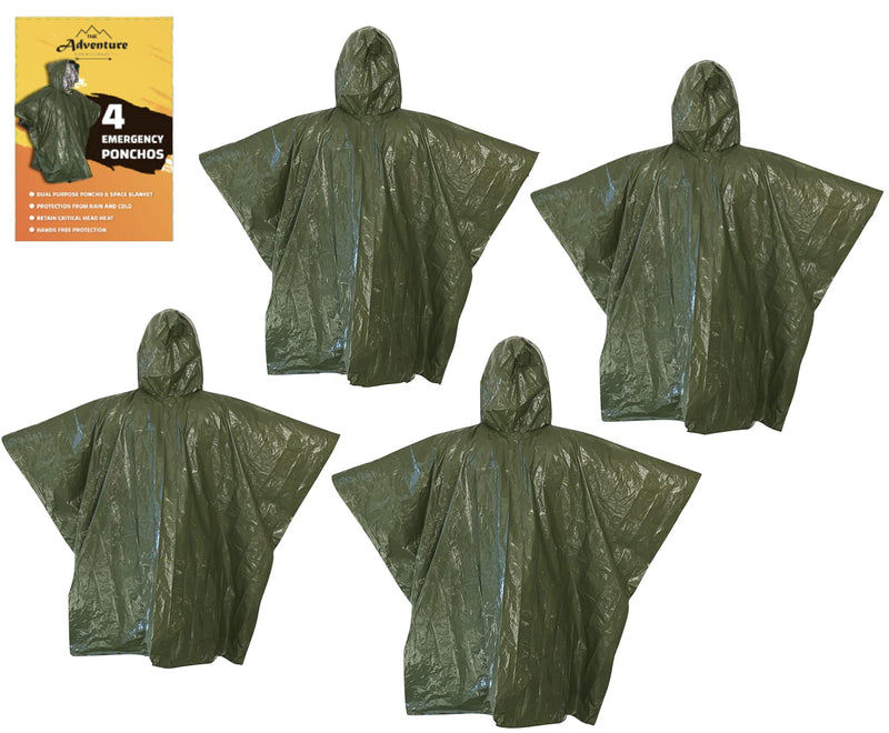 [Australia - AusPower] - Emergency Blanket & Rain Poncho - 4 Pack, Mylar Thermal Survival gear for heat retention - Lightweight - Army Green - Adventure Supply Co. 