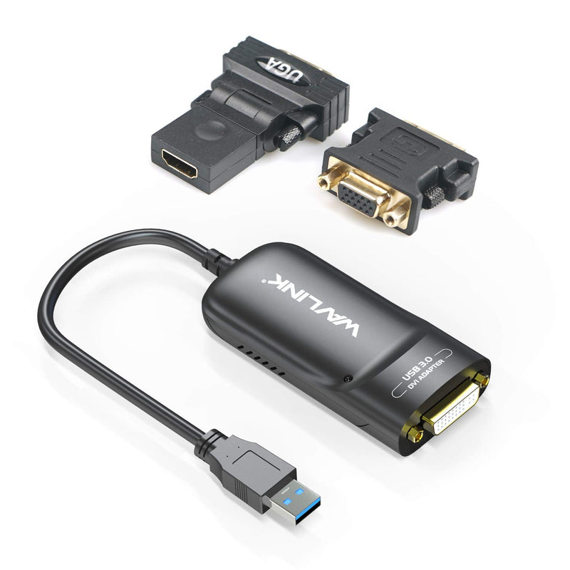 [Australia - AusPower] - WAVLINK USB 3.0 to DVI/VGA/HDMI Universal Video Graphics Adapter with Audio Port Supports up to 6 Monitor displays,2048x1152 Resolution External Video Card Adapter Supports Windows and Chrome OS Black-DVI 