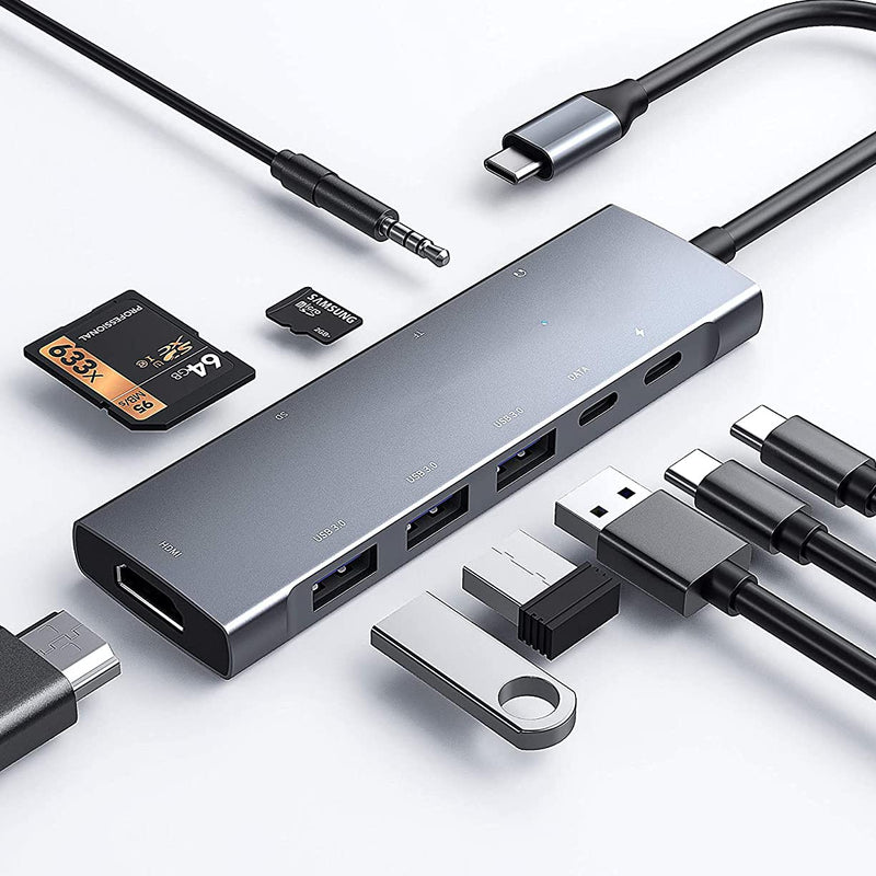 [Australia - AusPower] - USB C Hub Multiport Adapter for iPad Pro MacBook Pro Air M1 2021-2018, 9-in-1 USB C 4K HDMI Adapter with 3.5mm Audio Jack,3xUSB3.0,SD/Micro SD Card Reader,60W USB C Charging,USB-C 3.0 Data 