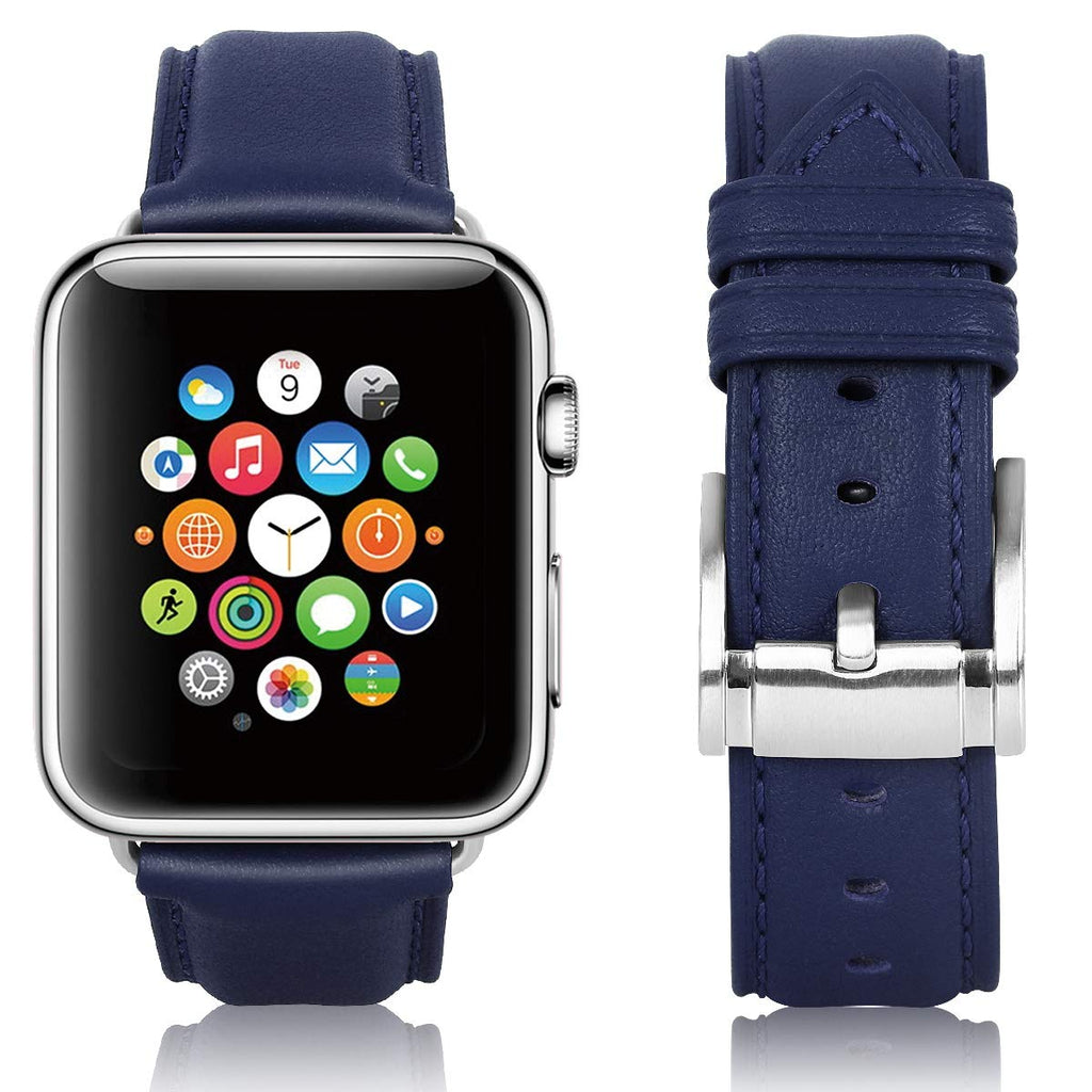 [Australia - AusPower] - JIKE watch Bands Compatible with iWatch Band 42mm 44mm 45mm, Top Grain Leather Smart Watch Strap Compatible for Men Women iWatch Series7/ 6/ 5 /4 /3 /2 /1，SE (dark blue/silver buckle, 42mm44mm45mm) 
