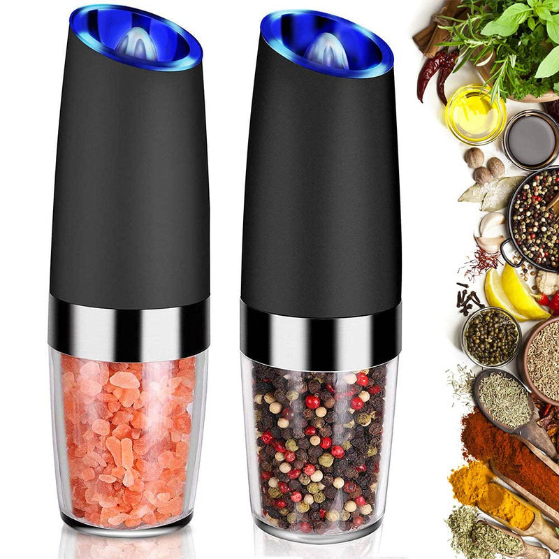 [Australia - AusPower] - YAYAYOUNG Gravity Electric Grinder set of 2,Automatic Pepper and Salt Mill Grinder with Blue LED LIGHT,Electric Pepper Mill with Adjustable Coarseness,Refillable,salt and pepper shaker,pepper grinder Black 