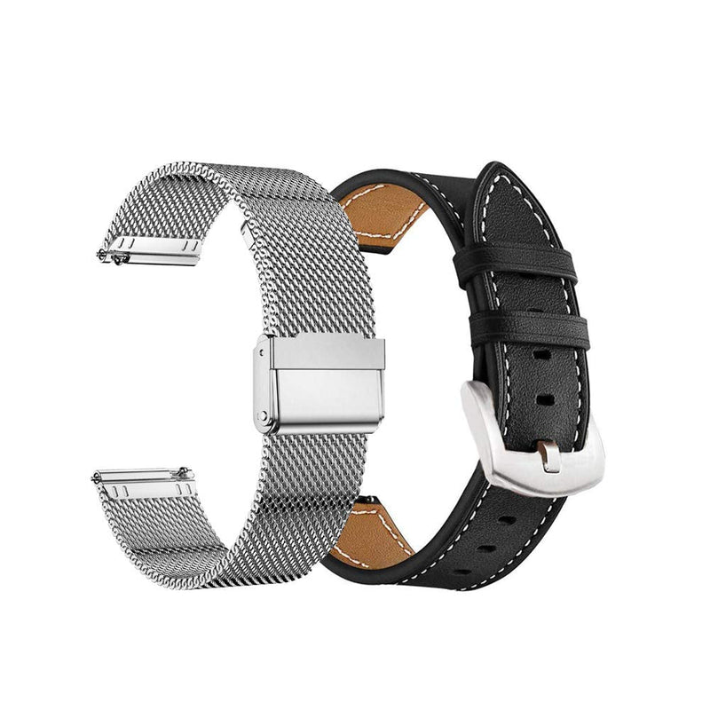 [Australia - AusPower] - Yeejok Vivoactive 3 Bands Replacement, 20mm Mesh Woven Metal Watch Band Bracelet & Genuine Leather Strap Compatible for Garmin Venu/Forerunner 645/245 Smartwatch Men Women, Silver + Black 20mm Width 