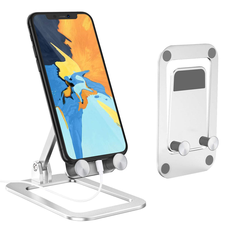[Australia - AusPower] - [2021 New] Cell Phone Stand with Foldable and Adjustable, Cell Phone Holder for Desk Case Friendly Mobile Phone Stand Dock Cradle Compatible with iPhone 12/ 12 Max/ 12 Max pro/ Samsung/ Switch iPad Gray-Silver-a 