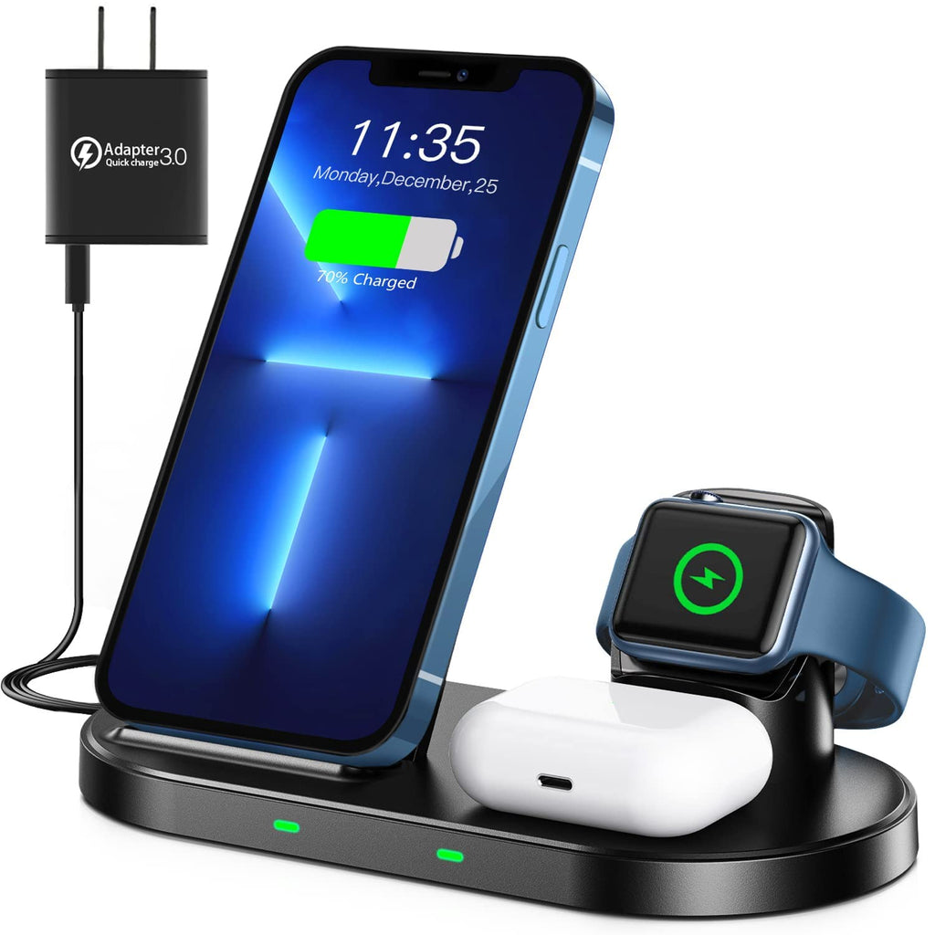 [Australia - AusPower] - Wireless Charger -3 in 1 15W Fast Charging Station,Replacement for iPhone 13/12 / 11 Series/XSMax/XR/XS/X/8 Plus and iWatch 7/SE/6/5/4/3/2 & AirPods 2 / Pro Max Mini WAITIEE for Samsung Charger Dock Black 