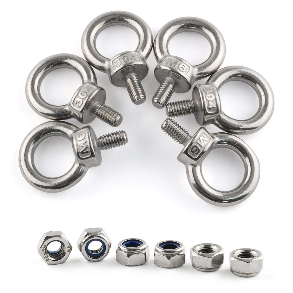 [Australia - AusPower] - E-outstanding Eyebolt 6PCS M6x12 Male Thread Machinery Shoulder Lifting Ring Eye Bolt with M6 304 Stainless Steel Nylon Lock Nuts 