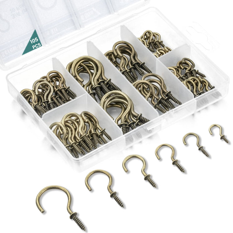 [Australia - AusPower] - EIENHOSHI Cup Hooks, Bronze, Screw-in Hooks Kit for Hanging(1/2", 5/8", 3/4", 7/8", 1'', 1-1/4") - 105 Pcs 