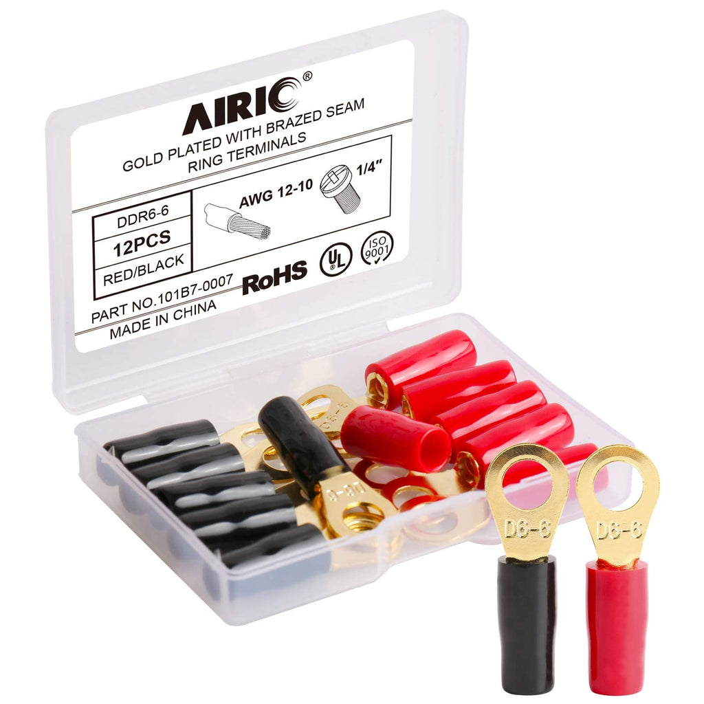[Australia - AusPower] - AIRIC 12-10 AWG Ring Terminal 1/4 inch Gold Plated Crimp Ring Terminals with Soft Boots Gold Wire Connectors Kit 12-Pack Stud (M6) 12-10AWG/ 1/4" 