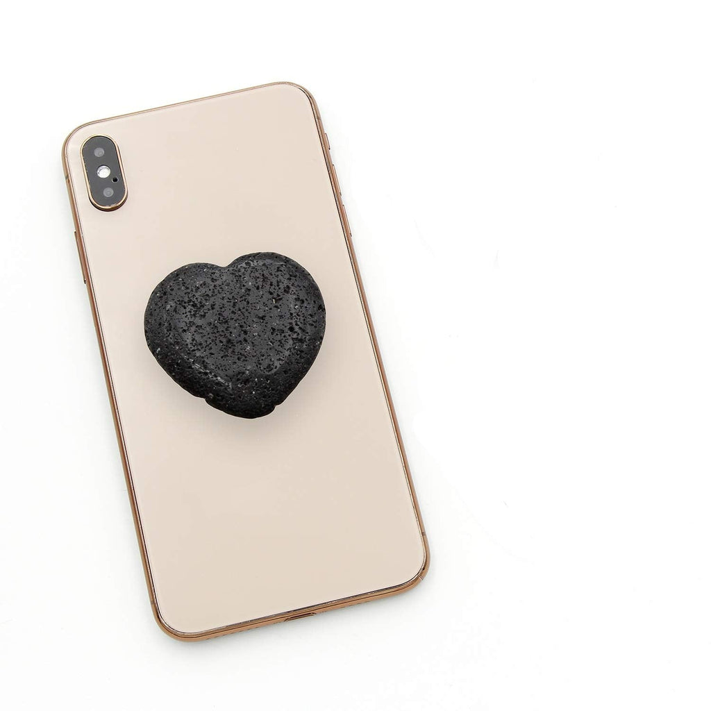 [Australia - AusPower] - Black Lava Stone Heart Phone Grip, Essential Oil Diffuser Collapsible Holder for Smart Phone and Tablet Black Lava 