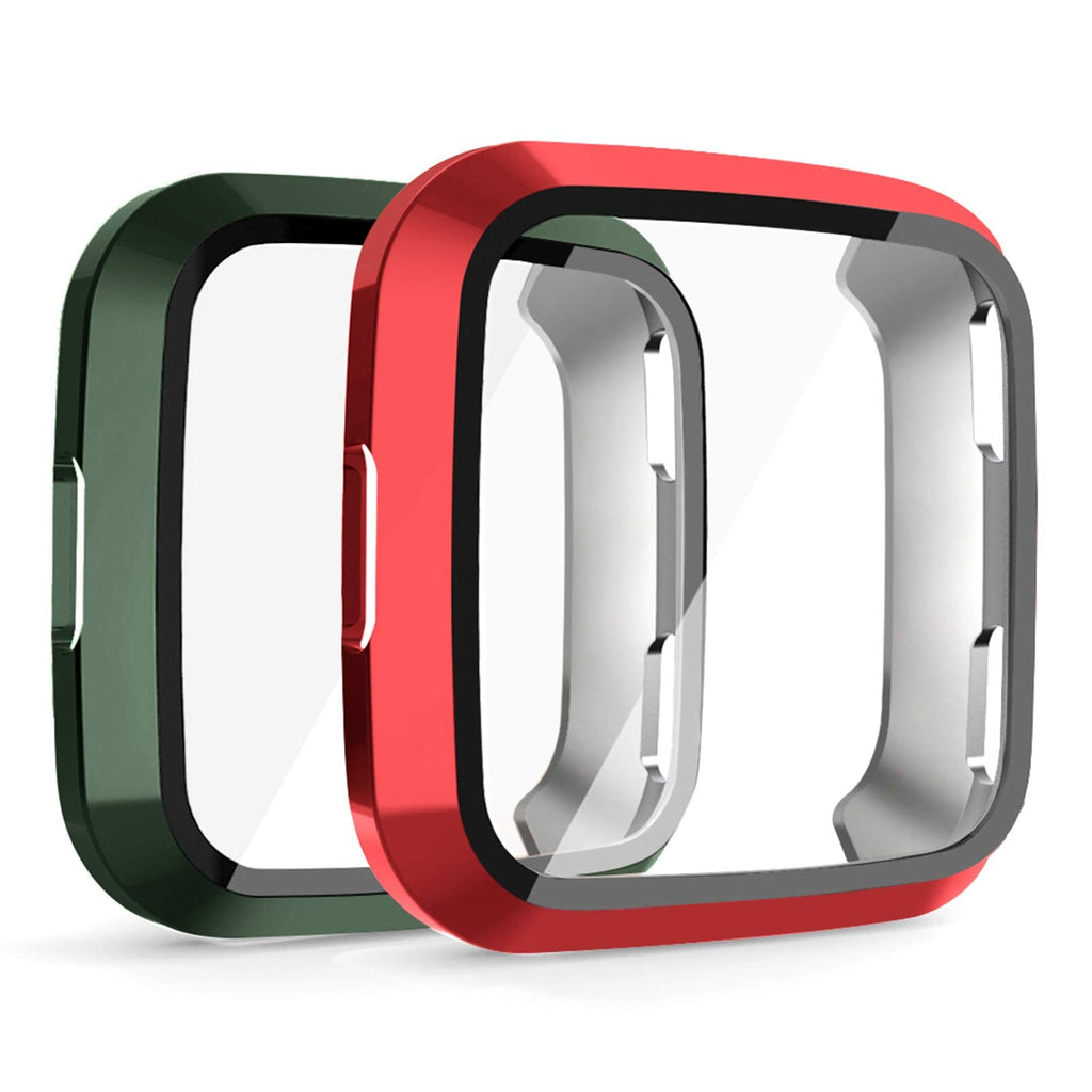 [Australia - AusPower] - OenFoto Screen Protector Compatible with Fitbit Versa with HD Tempered Glass Case Cover, [2 Pack] [Daily Waterproof] [3D Full Coverage] Shell Protective for Fitbit Versa Smartwatch Green/Red 
