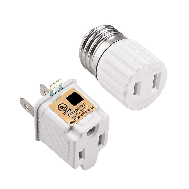 [Australia - AusPower] - E26 Light Socket Outlet With 2 Prong to 3 Prong Grounding Adapter, Convert E26 Light Socket to Polarized 2 Prong Outlet or 3 Prong Outlet,Easy-to-Install，White 1 