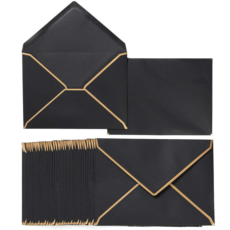 [Australia - AusPower] - 50 Pack A7 Envelopes 5 x 7 Card Envelopes Self-Adhesive V Flap Envelopes with Gold Border for Office, Wedding Gift Cards, Invitations, Graduation, Baby Shower, Parties (Black) Black 