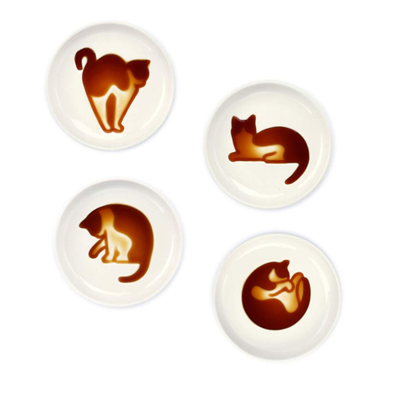 [Australia - AusPower] - Ceramics Sauce Dish Cat Relief Seasoning Dish Mini Side Sushi Soy Dipping Bowl soy sauce dishes dinnerware Meow Porcelain Small Saucer (Set of 4) 