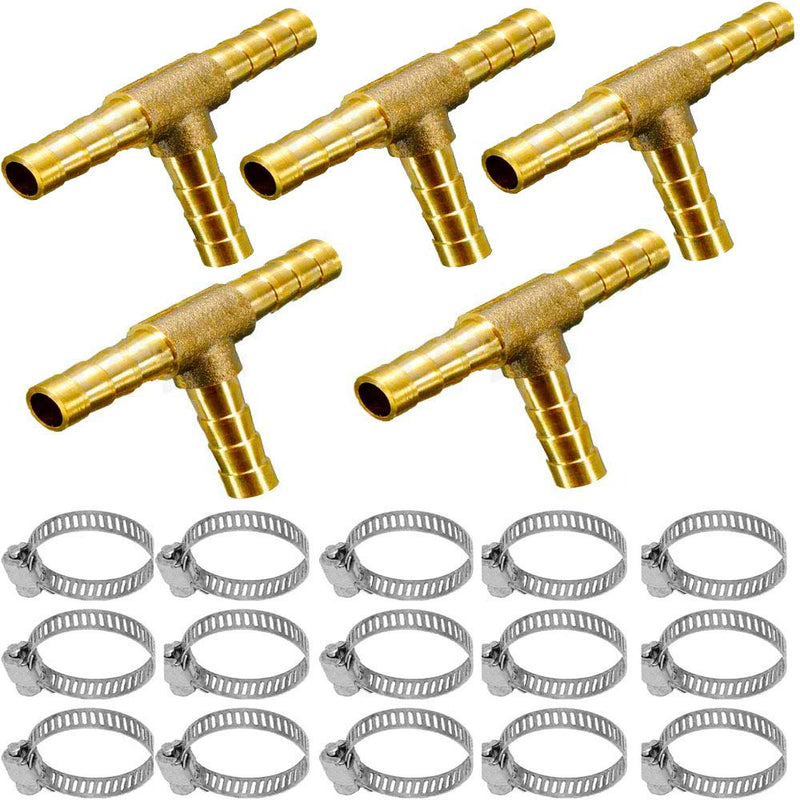 [Australia - AusPower] - YOUHO 5 pcs 1/4"(7mm) Brass Tee Barb Fittings for 1/4" ID Hose,15 pcs Stainless Steel Pipe Clamps,3 Way Union Intersection for Water/Fuel/Air(tee Hose Connector) 
