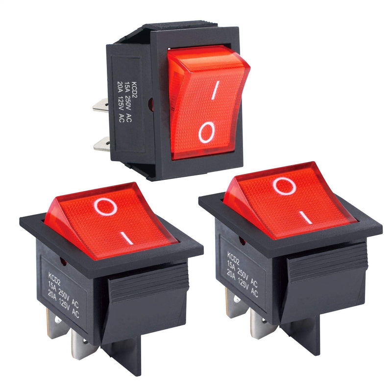 [Australia - AusPower] - APIELE 3Pcs 2 Position Rocker Toggle Switch ON/Off AC 125V/20A 250V/16A for Boat with LED Light DPST 4 Pins KCD2-201N (Red) Red 