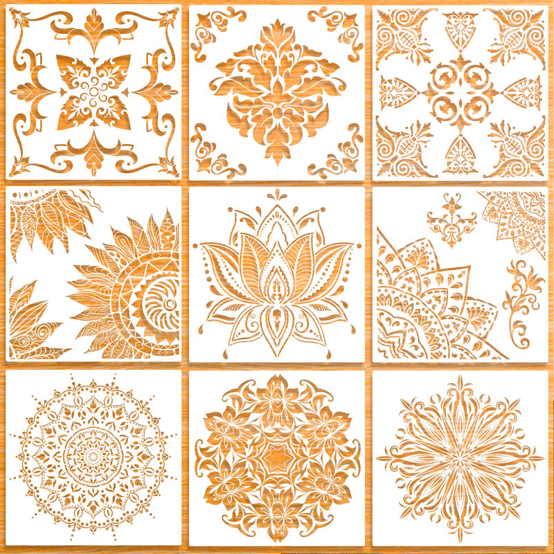 [Australia - AusPower] - 9 Pack (12x12 Inch) Large Reusable Stencil Mandala Stencil Laser Cut Painting Template for Floor Wall Tile Fabric Furniture Stencils Painting 