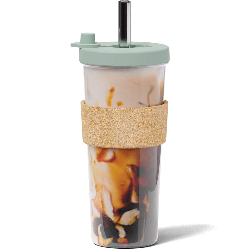 [Australia - AusPower] - 24 oz Leakproof, Reusable Boba Cup and Smoothie Tumbler by Dodoko with Resealable Lid Plug |Wide Stainless Steel Straw for Bubble Tea and Boba| Dishwasher Safe | BPA Free | Shatterproof - Sage Green 
