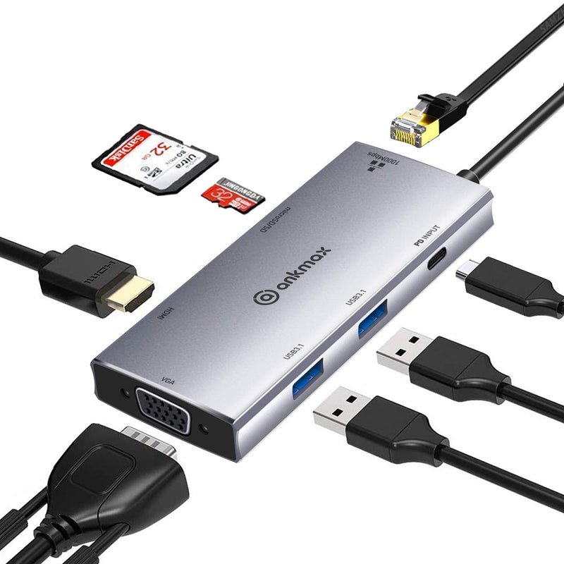 [Australia - AusPower] - USB C Hub Ankmax P831HGS 8in1 USB Type C Adapter with 4K HDMI, VGA, 1Gbps RJ45 Ethernet Port, 2 USB 3.1, PD Charging Port, SD/TF Card Reader for MacBook/Pro/Air，iPad Pro and Type C Windows Laptops 8 IN 1 
